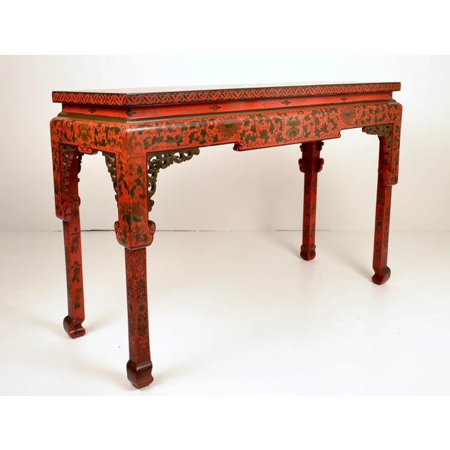 Chinoiserie Chinese Chippendale Style Console Table W/ Lacquered Chinoiserie Decoration For Sale - Image 3 of 11