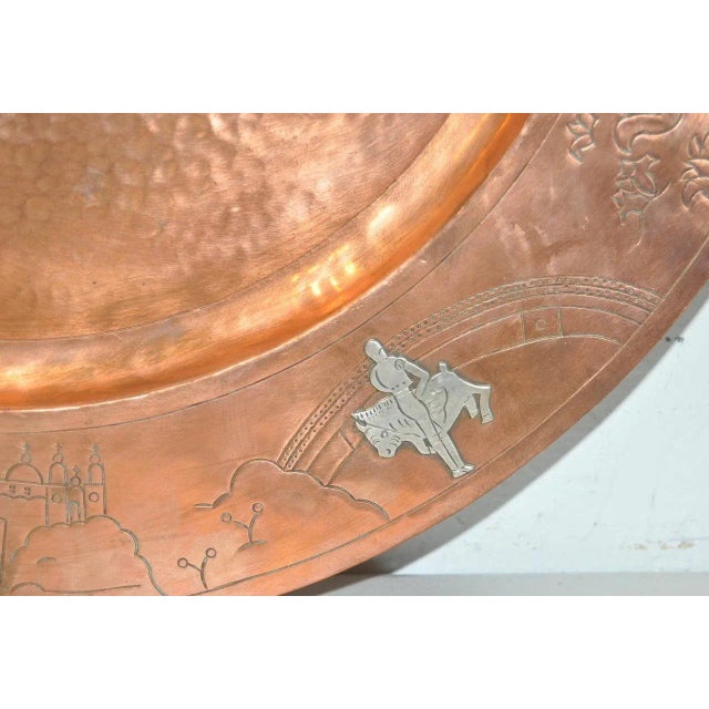 Brilliant Mid Century Copper Platter w/ Sterling Figures c.1950s Inlaid sterling figures include a donkey, bull fighter,...