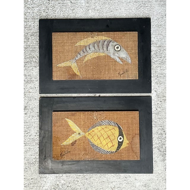 Mid-Century Modern Vintage MCM Fish Motif Paintings on Burlap - Pair For Sale - Image 3 of 13