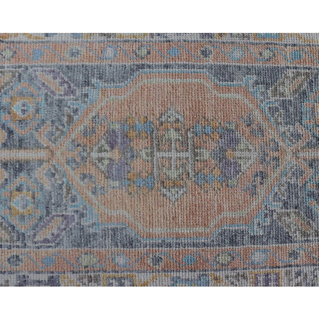 Peach Turkish Oushak Runner in Powder Blue, Peach, and Gold 2'7 X 8'1 For Sale - Image 8 of 14