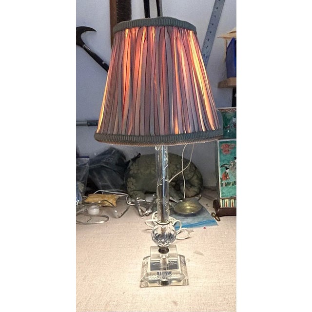 A vintage glass lamp with Hand made shirred lampshade.
