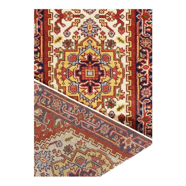 Traditional Fine Hand Knotted Ivory Serapi Design Runner For Sale - Image 3 of 3