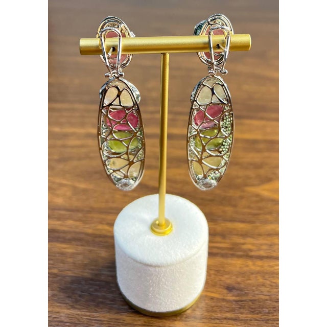 Unique Multi Color Sapphire Emerald Diamonds 18k White Gold Statement Earrings, A Pair For Sale - Image 10 of 11