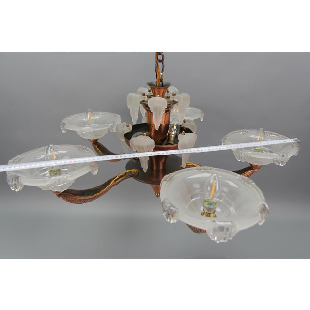 Art Deco French Frosted Glass, Brass, and Copper Chandelier, 1930s For Sale - Image 13 of 18