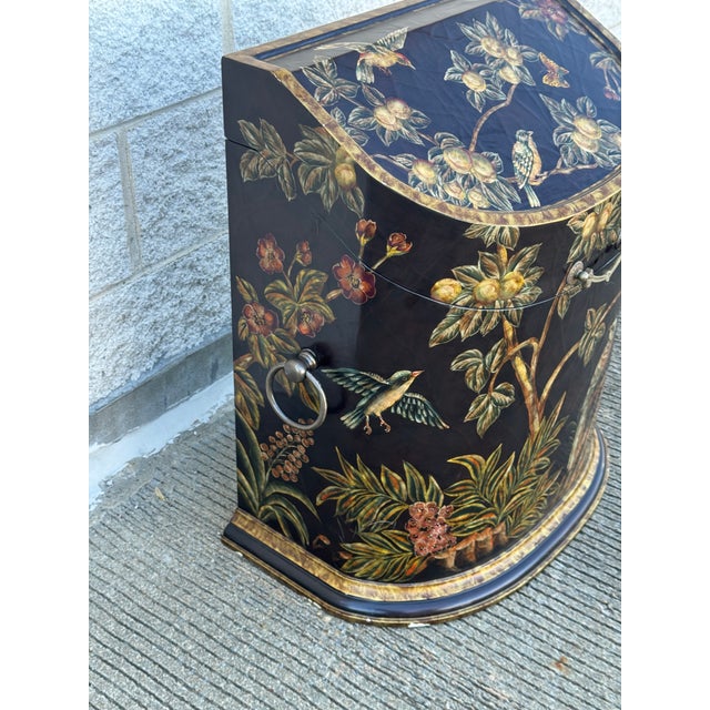 Late 20th Century Chinoiserie Painted Lift-Top Storage Cabinet With Floral and Bird Motif For Sale In Philadelphia - Image 6 of 12