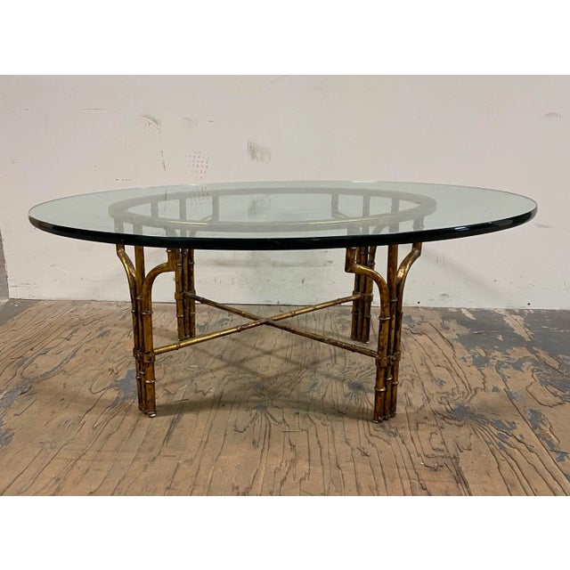 1960s Hollywood Regency Gold Gilt Faux Bamboo & Glass Round Cocktail Table For Sale - Image 5 of 5