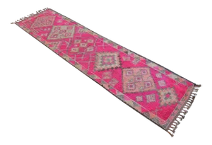 Hand-Knotted Turkish Runner Rug . Moroccan Style Herki . Cerise Pink Hallway Decor - 3′ × 12′