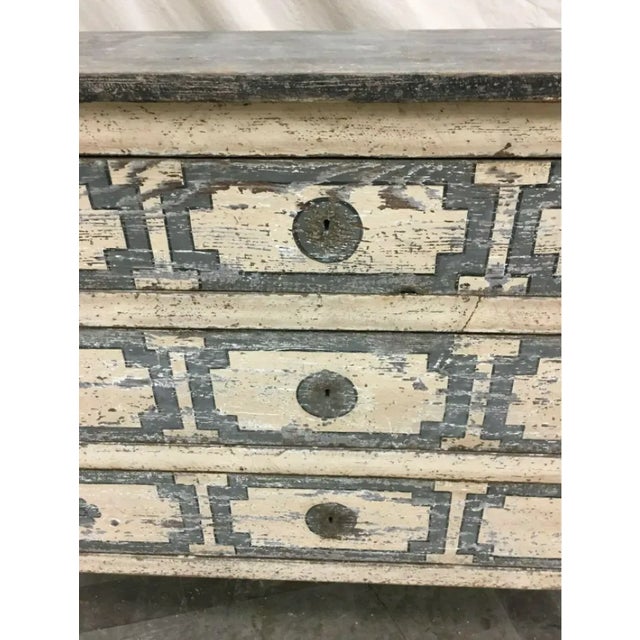 Lovely Tuscan painted three drawer commode, with beautiful handmade patina of antique white and blue. Classic in design,...