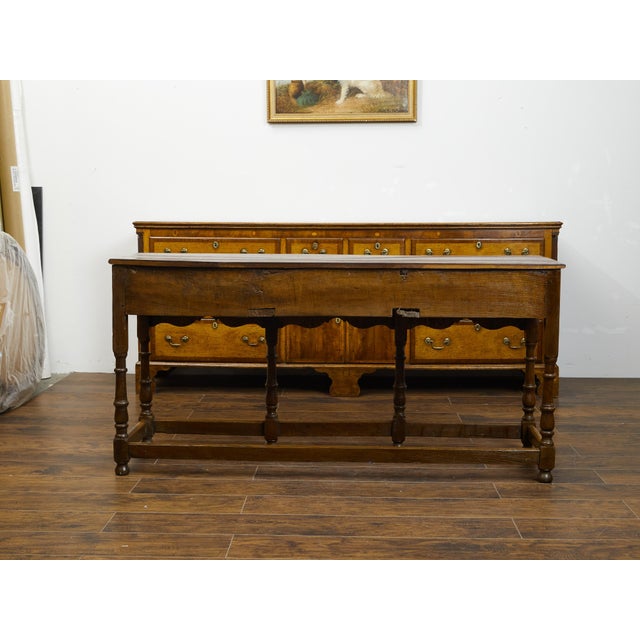 Brown English 1860s Oak Dresser Base with Drawers, Scalloped Apron and Turned Legs For Sale - Image 8 of 9