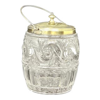 Baccaret Victorian Pressed Glass Biscuit Barrel Mounted in Brass. For Sale