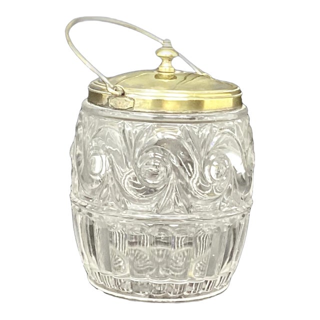 Baccaret Victorian Pressed Glass Biscuit Barrel Mounted in Brass. For Sale