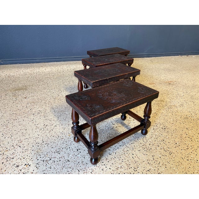 Antique Tooled Leather Top Stools / Tables For Sale - Image 11 of 17