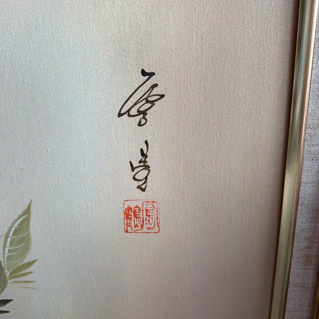 Large Mid-Century Chinese Silk Painting – Hand-Painted Bird & Peony Floral Composition in Ornate Frame - Signed by Unknown Artist For Sale - Image 9 of 12