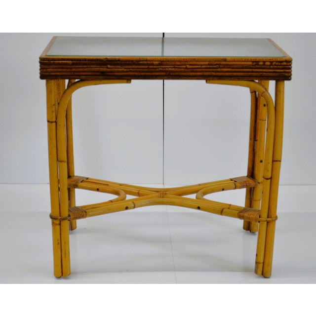 1950s Bamboo Bentwood Rattan Strand Glass Top X Base Console Accent Table For Sale - Image 11 of 11