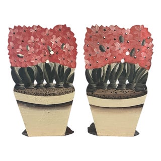 Vintage Hand Painted Tole Trompe l'Oeil Potted Pink Hyacinth Floral Arrangement Bookends / Flower Dummy Boards, a Pair For Sale