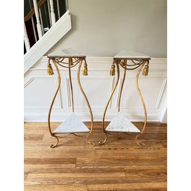 Pair of Italian Gilt Iron & Carrara Marble Tassel Corner Tables – Attributed to S. Salvadori Firenze, 1950s Hollywood Regency For Sale - Image 10 of 10
