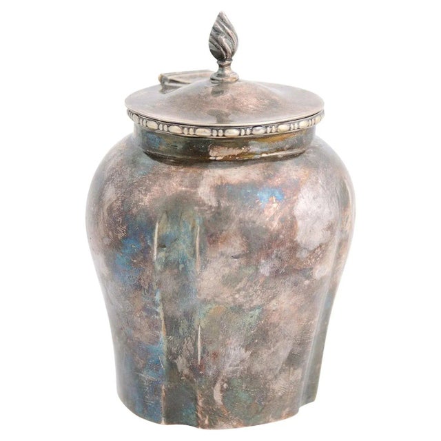 Petite English Electroplated Nickel on Silver Lidded Container with Flame Finial For Sale - Image 13 of 13