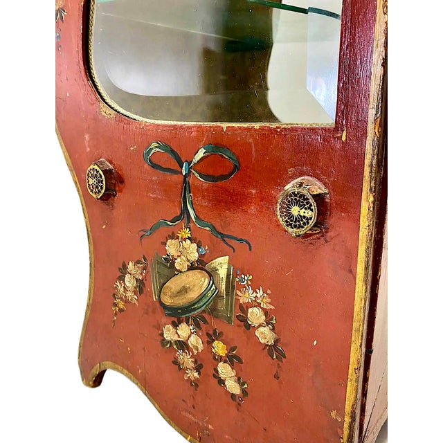 Antique Tabletop Hand-Painted, Fabric-Lined Display Cabinet With Glass Shelves For Sale - Image 4 of 12