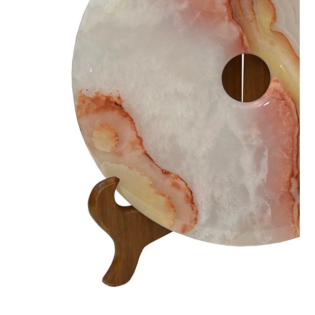 Stone 9.75" Natural White Brown Onyx Stone Round Fengshui Home Decor Display For Sale - Image 7 of 16