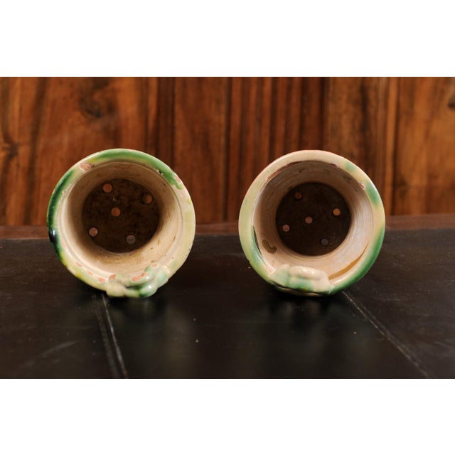 French 19th Century Green and Yellow Glazed Pottery Hanging Planters - A Pair For Sale - Image 11 of 13