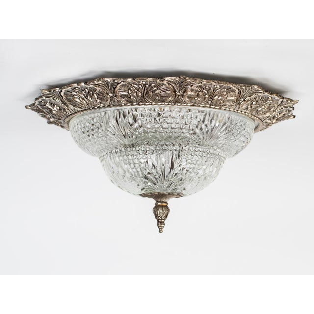 1960s Spanish Neo-Baroque Silvered Cast Zinc & Tiered Pressed Glass Flush Mount Ceiling Light - Fully Restored For Sale - Image 4 of 12