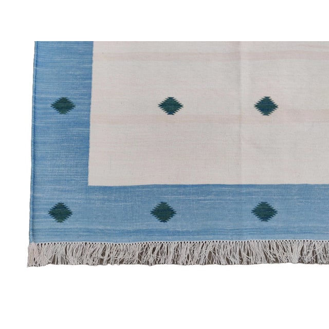 Handmade Cotton Area Rug, Natural Vegetable Dyed White, Blue & Green Diamond Rug-5'x7' For Sale - Image 10 of 10