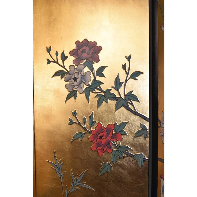 Paint Vintage Chinoiserie Gold Leaf Lacquer 4-Panel Room Divider Screen For Sale - Image 7 of 12
