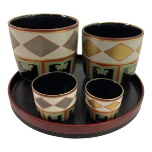 Kuniyaki Tea Bowls and Tray Set After Nonomura Ninsei Japan