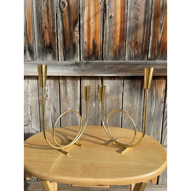 Mid-Century Modern Gold-Tone Metal Candelabras- a Pair For Sale - Image 11 of 12