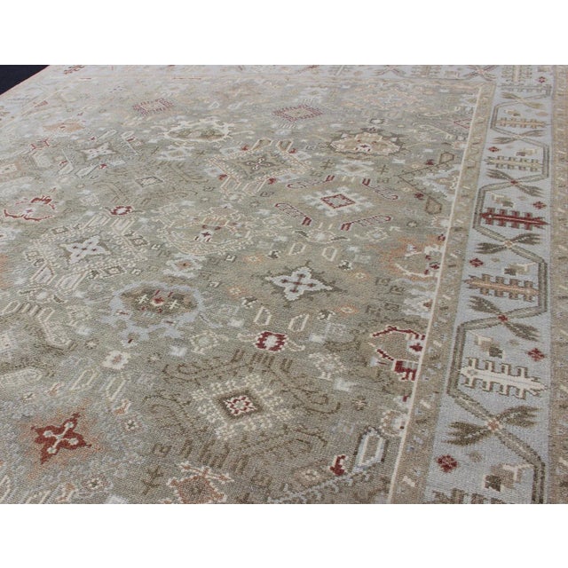 2010s Modern Oushak Muted Rug in Greens, Tan, Lt. Blue, and Rusty Red For Sale - Image 5 of 13