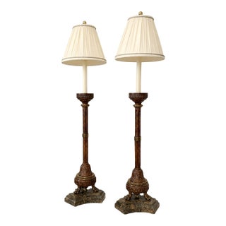 Pair of Maitland-Smith Candlestick-Form Table Lamps With Original Shades Harp and Finials For Sale