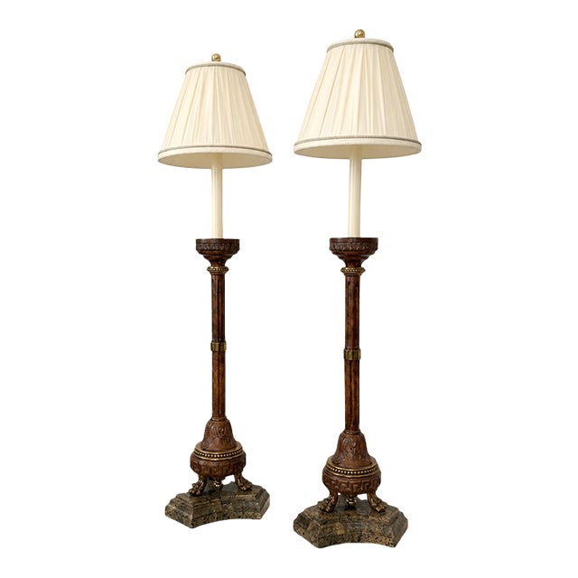 Pair of Maitland-Smith Candlestick-Form Table Lamps With Original Shades Harp and Finials For Sale