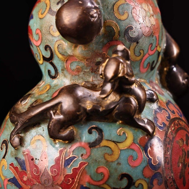 Metal Vintage Cloisonne Enamel Gourd Vase – 8.3" Auspicious Double Gourd Sculpture For Sale - Image 7 of 9