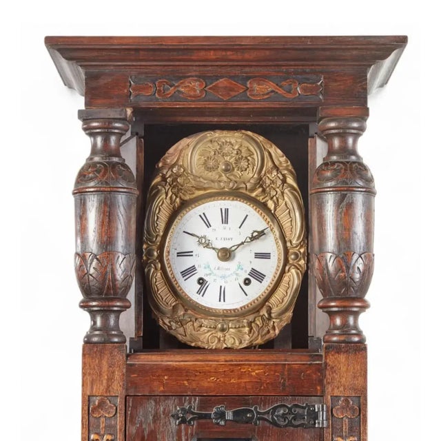 Antique Tudor Oak Linen Fold Long Case Clock by E. Favot of Bleneau For Sale In Los Angeles - Image 6 of 8