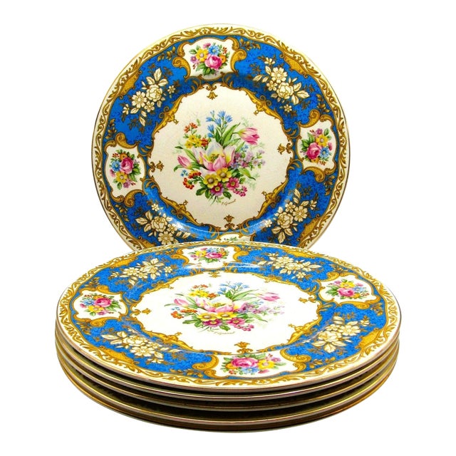 1920s Myott "The Bouquet" Cobalt Blue and Gold-Gilded Dinner Plates P. Granet - Set of 6 For Sale