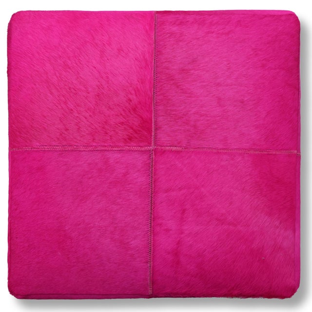 Contemporary Handmade Fuchsia Cowhide Leather Ottoman Pouf 18x18x18 in Statement Cube For Sale - Image 3 of 7
