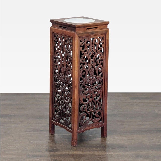 Chinese Chinese Rosewood Carved Plant Stand With Stone Top For Sale - Image 3 of 6