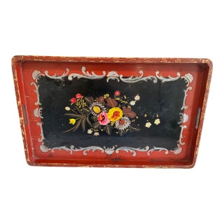 Vintage Hand-Painted Wooden Floral Decorative Tray For Sale