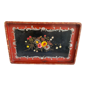 Vintage Hand-Painted Wooden Floral Decorative Tray