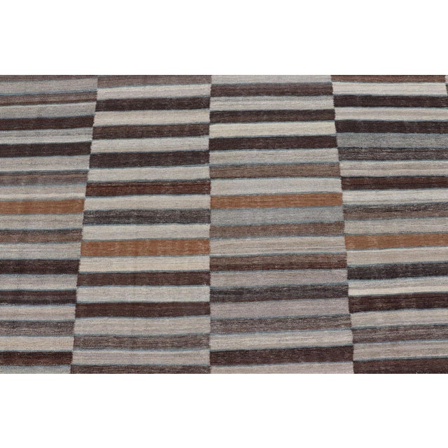 Modern Flat-Weave Kilim Rug in Multi-Panel Striped Design in Earthy Tones For Sale - Image 4 of 13