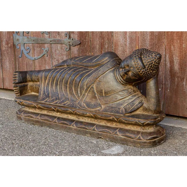 Stone Black Stone Asian Reclining Carved Buddha For Sale - Image 7 of 10