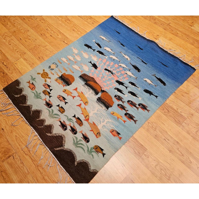 Vintage Hand-Woven Kilim Area Rug, Pictorial Ocean Scene Wall Art, 41” x 55” For Sale - Image 4 of 15