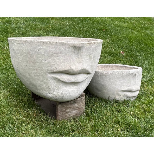 Contemporary Faces Concrete Planters (Pair) For Sale - Image 3 of 7
