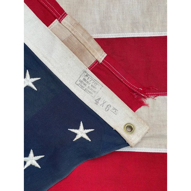 Rare and Fine Antique American Flag 1920 Wool. 48 Star Beautifully Aged. Great Fade All Sewn Embroidered Stars 4x6 For Sale - Image 4 of 10