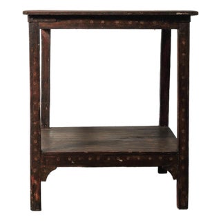 Vintage Rustic Solid Wood Side Table With Lower Shelf and Patina For Sale