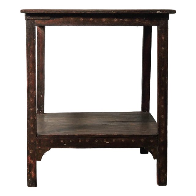 Vintage Rustic Solid Wood Side Table With Lower Shelf and Patina For Sale