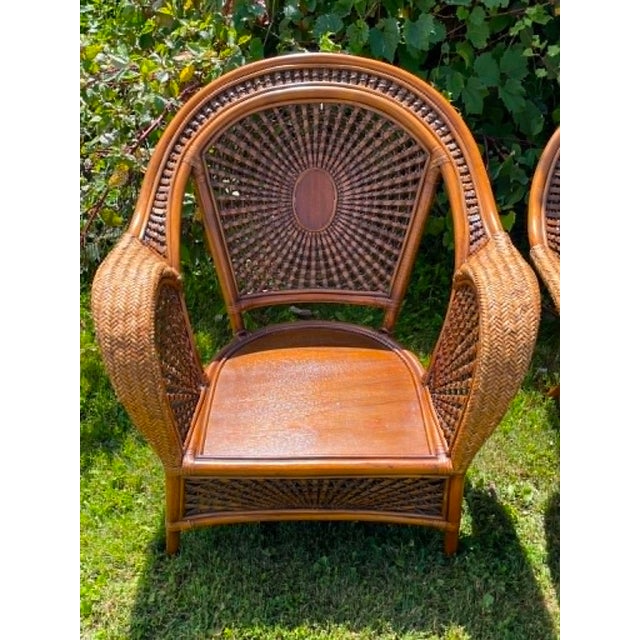 Coastal Late 20th Century "Azteca" Woven Rattan Spiderweb Lounge Chairs Featuring Distinctive Sunburst and Web Patterns For Sale - Image 3 of 16