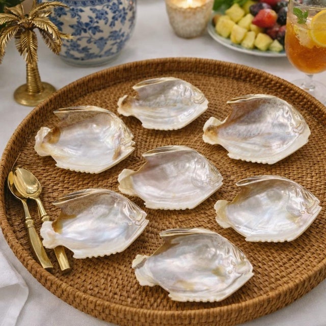 Mid-Century Modern Set of 6 Hand-Made Mother‑of‑Pearl Fish Bowls — Caviar or Appetizer Dishes, 4.5” Wide for Palm Beach & Coastal Styles - See Pics! For Sale - Image 3 of 7