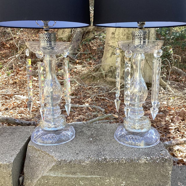 Vintage Pair of Large Crystal Lamps With Silk Drum Shades - Newly Rewired For Sale - Image 4 of 8