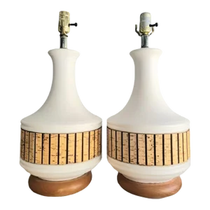 Vintage Mid Century Modern Cork White Ceramic Wood Base Jar Style Table Lamps- a Pair